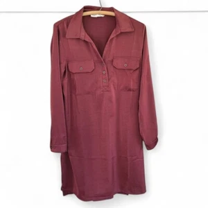 Lucky Brand Womens Long Sleeve Tunic Dress With Pockets & Collar In Burgundy Siz - Picture 1 of 5