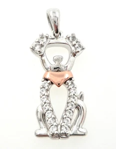 10K ROSE GOLD & STERLING SILVER ROUND WHITE SAPPHIRE PUPPY DOG PENDANT/CHARM - Picture 1 of 6