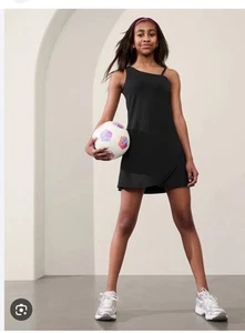 Athleta Girl Stand Out Dress Black Gold Tennis Daily Built In Bra Short Large 12 - Picture 1 of 12