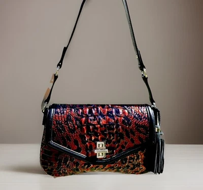 BOLSO DE MANO BRAHMIN NERIDA ROJO LEOPARDO EXÓTICO ANIMAL PRINT CUERO NEGRO con BORLA Foto 1 de 4