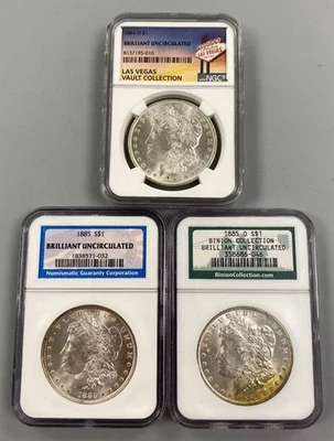 3 NGC Brilliant Uncirculated US Morgan Silver $1 1884-O 1885p 1885-O Binion 220 - Image 1 of 4