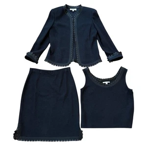 ST JOHN EVENING Navy Textured Knit Jacket Skirt Top 3 Piece Set Womens Size 8 - Picture 1 of 17