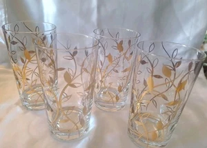 Set 4 Bicchieri Mid Century Moderni Foglie Oro Vite 5" Eleganti Festa - Foto 1 di 12
