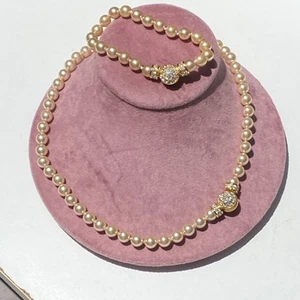 CREAM COLOR GLASS PEARLS NECKLACE BRACELET PAVÈ NOLLAN MILLER SET SNAP CLASP - Picture 1 of 16