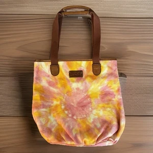 Vintage LUCKY BRAND Bag Orange Pink Tie Dye Canvas Leather Trim Satchel Tote - Picture 1 of 14