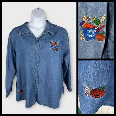 Womens Basic Editions 3X Denim Halloween Trick or Treat Embroidered Blouse Top - Image 1 of 4