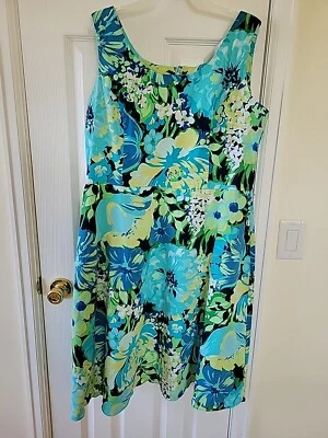 Vestido Studio I Talla 18 Azul Floral Cuello Redondo Algodón Sin Mangas Cremallera  Foto 1 de 4