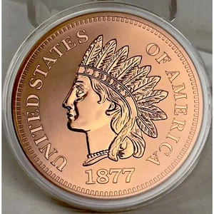 1877 Indianhead rame tondo 5 oz .999 rame custodia plastica bella da collezione - Foto 1 di 2