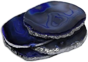 Blue Agate Coasters for Drinks - Set of 4 - Modern Silver Edge Stone Geode - Picture 1 of 7