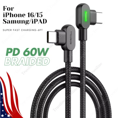 60W PD 3A 90° Type C To USB-C Cable Fast Charging Cable For iPhone 16 15 Samsung - Image 1 of 4