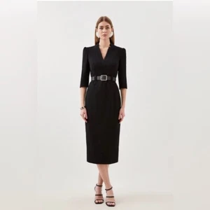 KAREN MILLEN Structured Crepe Belted Forever Midi Dress Pencil Little Black 14 - Picture 1 of 16