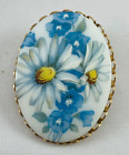 Vintage Blue White Flowers Milk Glass Gold Tone Pin Brooch Applied