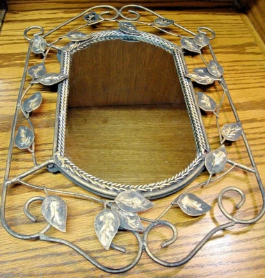 Rustic Distressed Metal Leaf Wall Mirror Twisted Rope Scrolled Gold-Black    195 - Image 1 of 4