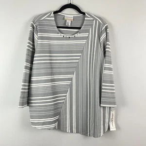 Alfred Dunner Asymmetric Blouse Size 1X Gray Stripe Embellished Neck 3/4 Sleeves - Picture 1 of 10