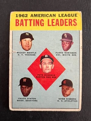 1963 Topps AL Batting Leaders #2, arrugado, roto, Mickey Mantle Foto 1 de 2