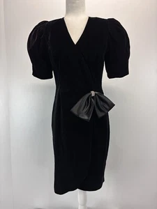 Vtg Cachet by Bari Protas Velvet 80s Puff Sleeve Sheath Dress Sz 6 Black Wrap US - Picture 1 of 6