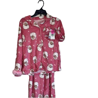 Betsy Johnson Girls Santa Claus  Themed Flannel Pajama Set Size 10 fringed - Image 1 of 4