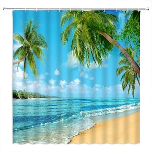 Tropical Beach Shower Curtain Ocean Palm Trees Summer Seaside Island Blue Sky... - Picture 1 of 7