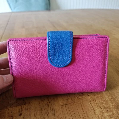 Cartera y monedero de colección años 90 de cuero genuino granulado rosa y púrpura bloque de color Foto 1 de 4