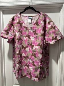 SB Scrubs Pink Butterflies & Flower Medical Scrub Top Size 2X  Brown/Khaki/Black - Picture 1 of 10