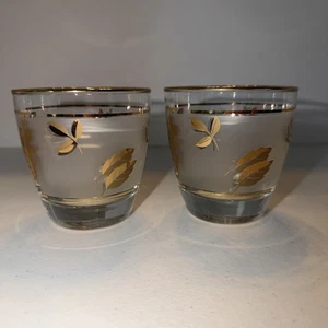 Juego de 2 vasos cortos de follaje dorado esmerilado MCM Libbey antiguos de colección - Imagen 1 de 5