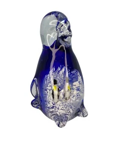 Art Glass PENGUIN Paperweight Figurine Baby Chick Mother Colbalt Sea Life - Picture 1 of 8