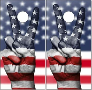 Bandera Americana Signo de Paz Dedos LAMINADO Cornhole Envoltura Bolsa Lanzar Calcomanía de Piel - Imagen 1 de 1