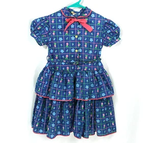 Vintage Margery Daw Pineapple Floral Checker Tiered Puff Sleeve Girls Dress 5/6 - Picture 1 of 8