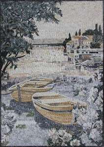 Mosaic Marble Landscape Boats Mural Handmade Wall Tile Art - Picture 1 of 1