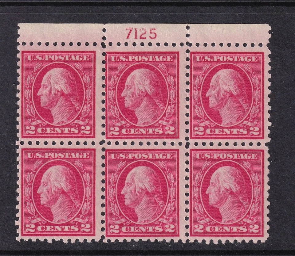 1914 Washington 2c Sc 425 MLH disturbed full original gum, plate block (CA - Image 1 of 1