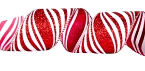 Christmas Red Glitter Diagonal Wavy Stripe 2.5" x 3 yds Wired Ribbon Candy Cane - Picture 1 of 5