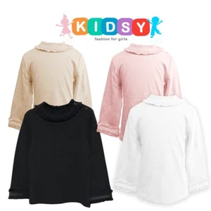 Kidsy Girls Frilled Neck And Cuffs Peruvian Cotton T-Shirt – Long Sleeve, Cre... - Picture 1 of 23
