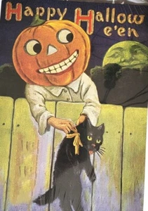 Victorian Trading Happy Halloween Jack-O-Lantern holding Black Cat Print - Picture 1 of 2