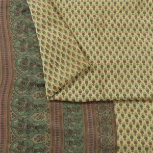 Sanskriti Vintage Sarees Ivory Pure Crepe Floral Printed Sari 5+Yd Craft Fabric - Picture 1 of 12