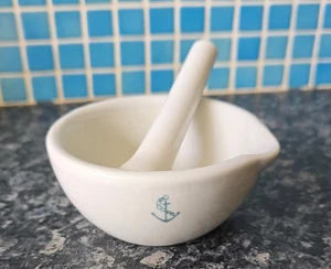 SMALL WHITE PORCELAIN PESTLE & MORTAR, ANCHOR MOTIF, 4.5cm TALL, 10cm DIAMETER - Picture 1 of 3