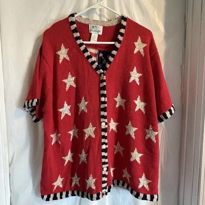 Quacker Factory Short Sleeve Cardigan Sweater Sz 2x Vintage Patriotic Flag USA - Image 1 of 4