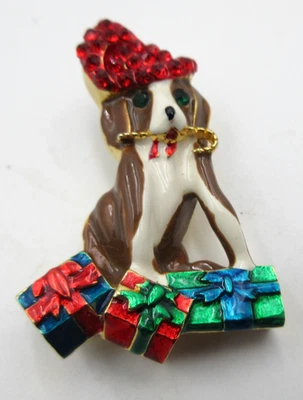 ASSINADO 2013 F.L. PINGENTE DE NATAL Broche Broche CHAPÉU PRESENTE CACHORRO Vermelho Verde Tom Dourado - Imagem 1 de 4
