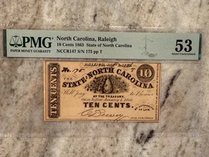 1863 NC 10 Cent Civil War Note PMG AU53 (NCCR147) Beehive note - Picture 1 of 7