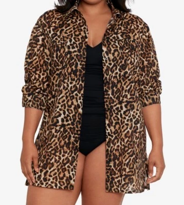 Lauren Ralph Lauren Plus Cotton Leopard-Print Camp Shirt Cover-up 2X, $135 - Image 1 of 4
