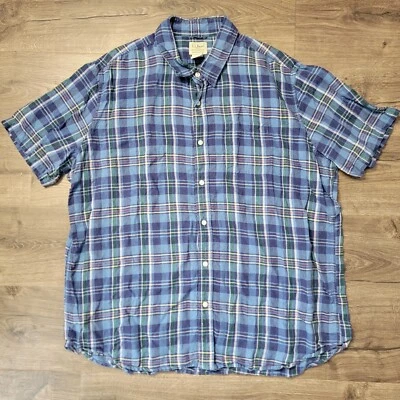 LL Bean Shirt Mens XXL Blue Linen Tartan Plaid Button Up Outdoor Slightly Fitted - Image 1 of 4