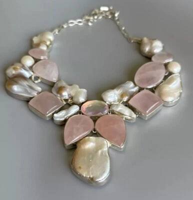 Sterling Silve Mother Of Pearls, Pearl & Rose Quartz Bazel Statemen Necklace - Image 1 of 4