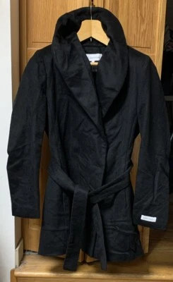 NEW Calvin Klein Black Wool Blend Double Breast Belt Pockets Size Small Coat - Image 1 of 4