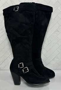 Torrid Suede Wicked High Boots Black Multi Strap Knee High Zipper 4” Heels Sz 9 - Picture 1 of 11