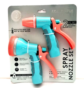Real Simple 2Pc Set Garden Hose Nozzle Water Sprayer 7 Spray Pattern Blue Orange - Picture 1 of 9