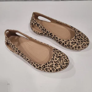 Crocs Women's Tan Brown Slip On Leopard Animal Print Kadee Ballet Flats Size 5 - Picture 1 of 7