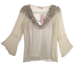 GIANNI BINI 2 pc Blouse Cami Tank Womens S Beige Crochet Silk Lace Bell Sleeve - Picture 1 of 9