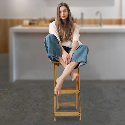 Folding Bamboo Stool Portable Tall Chair Bar Stool Foldable Porch Kitchen Chair - Image 1 of 4