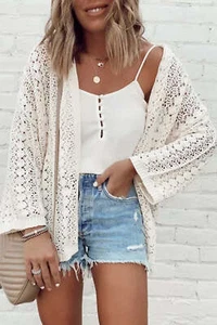 Cárdigan blanco elegante tejido hueco hombro caído - Imagen 1 de 10