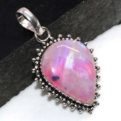 925 Серебряное покрытие высшего качества розовый вспышки лунный камень подвеска размер 1,8 «GW - Изображение 1 из 3