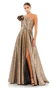 Mac Duggal Antique Bronze Crinkle Metallic Ruffle One Shoulder Gown Size 2 $598 - Picture 1 of 3